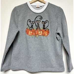 Vintage Large Halloween Pullover Sweatshirt Embroidered Cats Pumpkin Gray 12/14